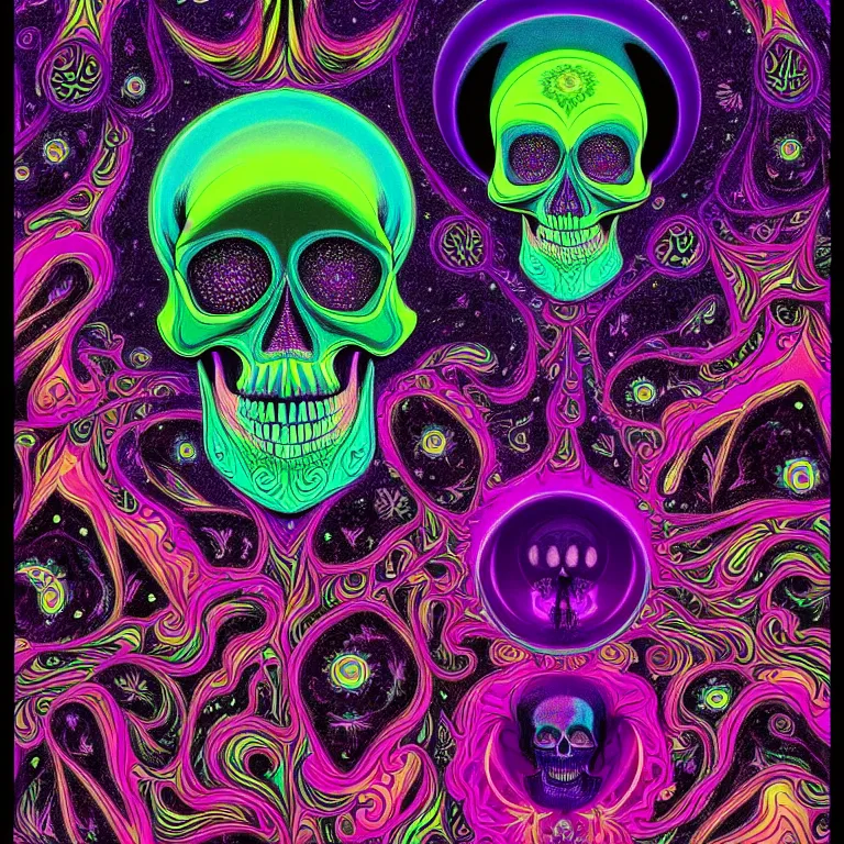 Image similar to psychedelic skull infinite fractal worlds bright neon colors highly detailed cinematic eyvind earle tim white philippe druillet roger dean lisa frank aubrey beardsley