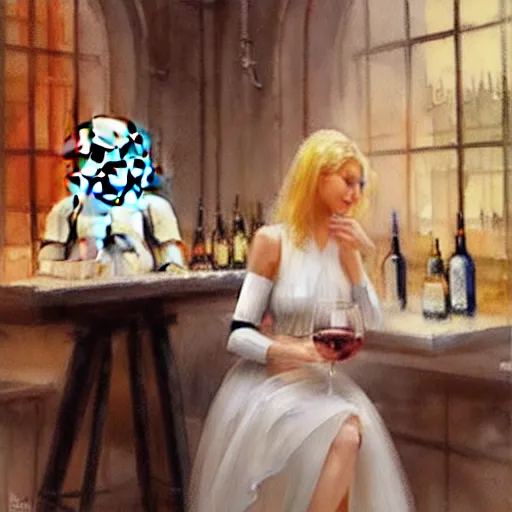 Prompt: stormtrooper and hot blonde drinking wine in a cellar, romantic, cozy, inviting, detailed, beautiful, atmospheric, impressionism, watercolor by vladimir volegov, inspired by ralph mcquarrie