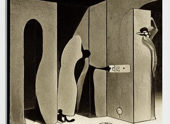 Image similar to aliens entering into a pissoir. marcel duchamp style