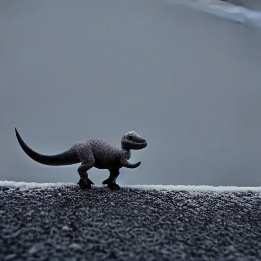 Prompt: award winning photo by saul leiter of a tiny gray dinosaur standing on the roof, tiny gaussian blur, insanely detailed, insanely intricate, depth of field, low contrast, snowy, wide aperture
