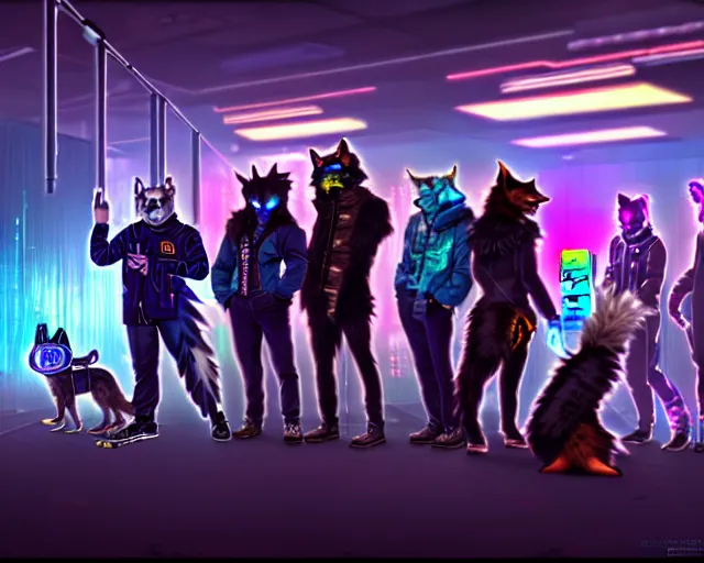 Image similar to high - resolution photograph from a cyberpunk era furry fandom convention ( midwest furfest 2 0 4 7 ), taking place after the genetic revolution and quantum singularity. photorealistic.