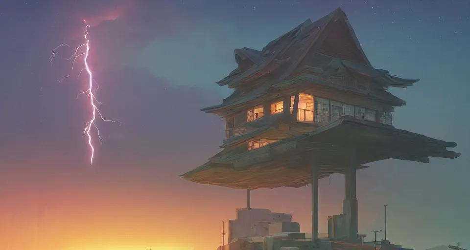 Image similar to Landscape with GIANT lightning bolt striking a Japanese house, center composition, cinematic, rendered by simon stålenhag, rendered by Beeple, Makoto Shinkai, syd meade, environment concept, digital art, starwars, unreal engine, 3 point perspective, WLOP, trending on artstation, low level, 4K UHD image, octane render,