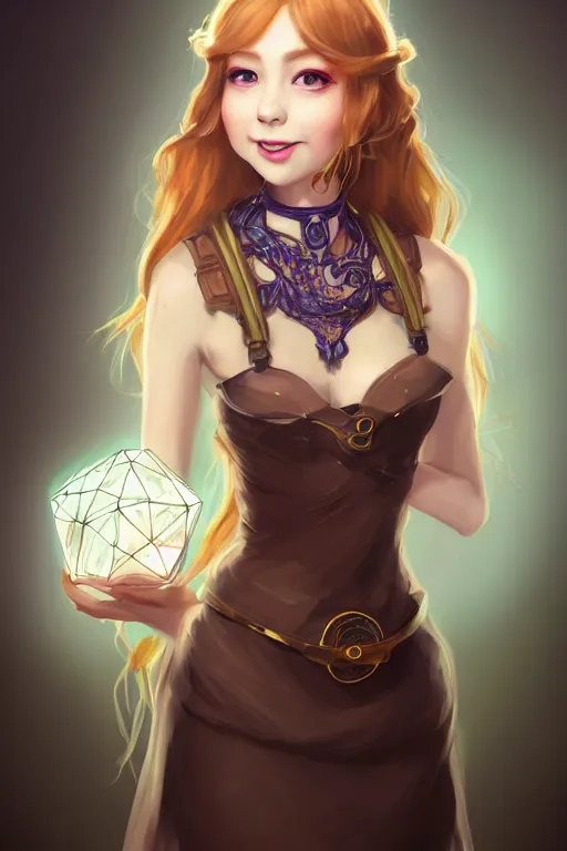 Prompt: portrait of a gorgeous young female artificer holding contraption, looking at camera, D&D, choker on neck, stylish dress, mouth slightly open, cute slightly nerdy smile, very long flowing hair, intricate, elegant, stylish, fantasy, extremely detailed, digital painting, artstation, concept art, smooth, sharp focus, illustration, stunning lighting, art by artgerm and greg rutkowski and alphonse mucha and simon stalenhag