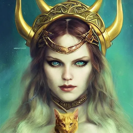 Prompt: beautiful viking woman surrounded by treasure and gold, perfect face, green eyes, golden robe, two cats in background, tom bagshaw