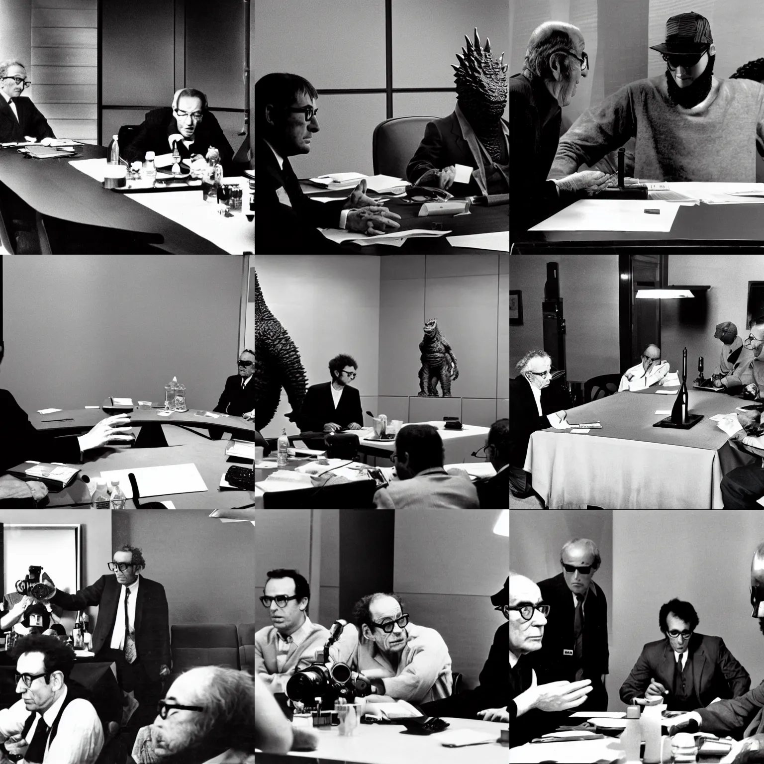 Prompt: godzilla is seated at a conference table with a mike and jean - luc godard. jean - luc godard and godzilla are both answering questions. award winning photography in black and white