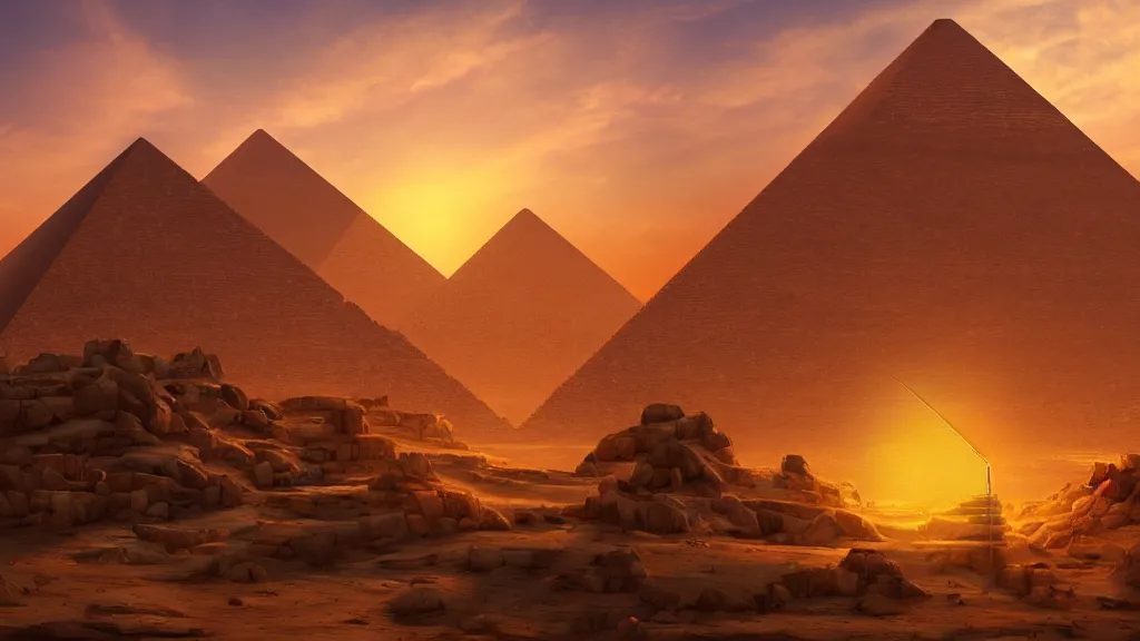 Prompt: Trending on artstation, beautiful pyramid with golden tip illuminated by the sunset, detailed matte painting, 4K