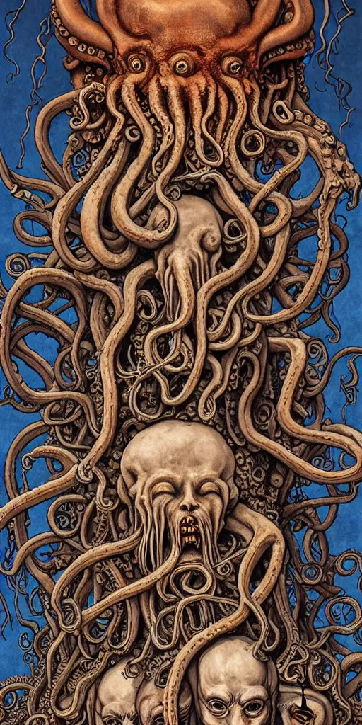 Image similar to group of human mages with octopus heads arguing with prehistoric jellyfish medusa colossal head in an ancient mage castle hall enormous scale, gothic and baroque, brutalist architecture, ultradetailed, Intricate by James Jean and Josan Gonzalez and John Howe and Giuseppe Arcimboldo