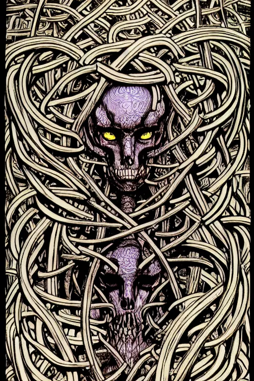 Image similar to illustration of a wooden wheel shaped demonic creature covered in bones and vines, intricate linework, in the style of moebius, ayami kojima, 1 9 9 0's anime, retro fantasy