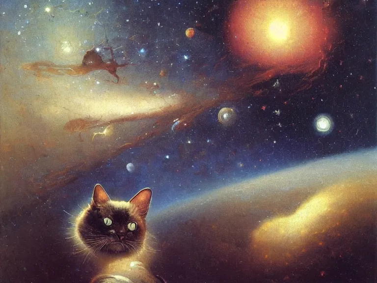 Prompt: an oil painting of a a cat in space, woth stars and nebula in the distance by beksinski carl spitzweg and tuomas korpi. baroque elements, full-length view. baroque element. intricate artwork by caravaggio. Trending on artstation. 8k