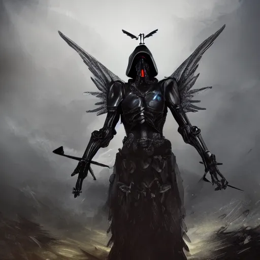 Prompt: Very detailed angel of death in knights armor hovering above battle field, 4k ultra hd, dark concept art