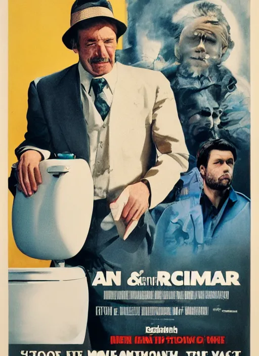 Image similar to a movie poster of a man and a toilet