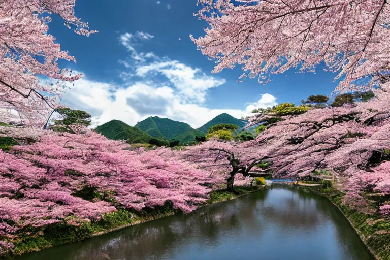 Prompt: a full body dragon flying in the sky of the japanese countryside town in a summer afternoon, quiet, leisure, cherry blossoms on the full sky