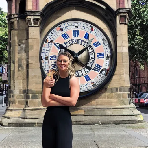 Image similar to A detailed photo of Kaley Cuoco under the Eastgate clock in Chester. Behind her we see a black panther