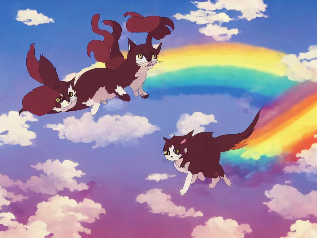 Image similar to a flying rainbow - colored cat, studio ghibli, anime, 4 k wallpaper, artstation