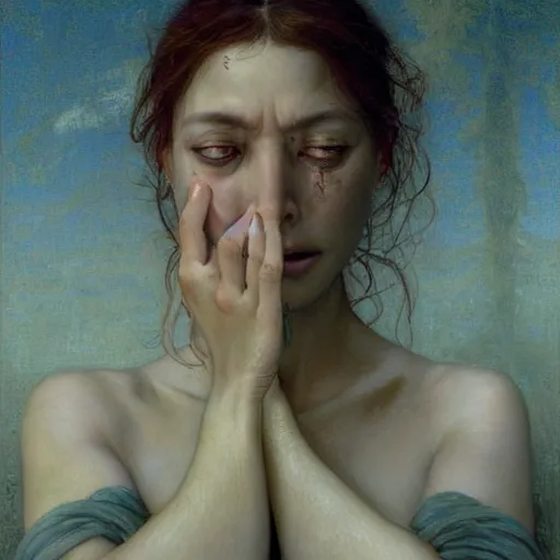 Image similar to epic masterpiece full body portrait a beautiful 7 months pregnant woman crying in shame, beautiful face and flawless skin, by Edgar Maxence and Ross Tran and Michael Whelan