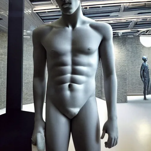 Image similar to “a realistic detailed photo of a guy who is an attractive humanoid who is half robot and half humanoid, who is a male android, actor Liam Hemsworth, shiny skin, posing like a statue, blank stare, at the museum, on display”