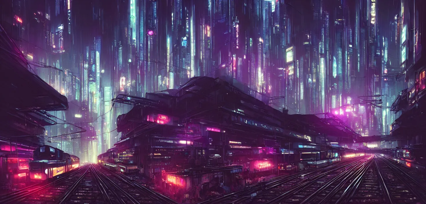 Image similar to a painting of a city at night with a train on the tracks, cyberpunk art by stephan martiniere, cg society contest winner, panfuturism, matte painting, dystopian art, reimagined by industrial light and magic