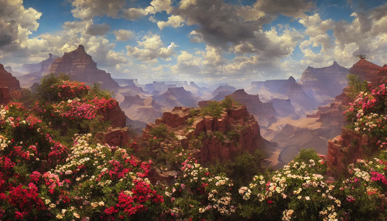 Image similar to An epic fantastic realism comic book style painting of the most beautiful flowers raining from the skies over the Grand Canyon, fisheye lens, painted by the Hudson River school, unreal 5, DAZ, hyperrealistic, octane render, dynamic lighting