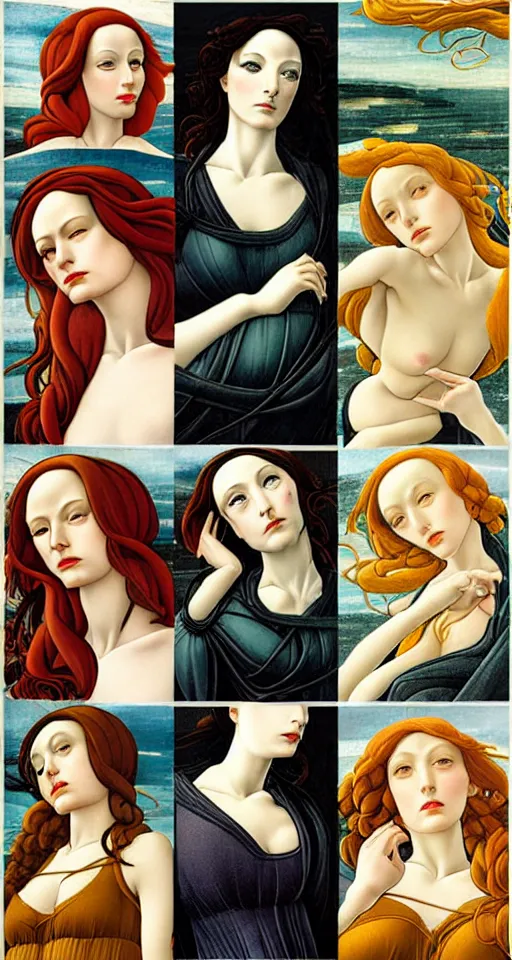 Prompt: the 12 months of the year as figures, (3 are Winter, 3 are Spring, 3 are Summer and 3 are Autumn), in a mixed style of Botticelli and Æon Flux, inspired by pre-raphaelite paintings and shoujo manga, hyper detailed, stunning inking lines, flat colors, 4K photorealistic