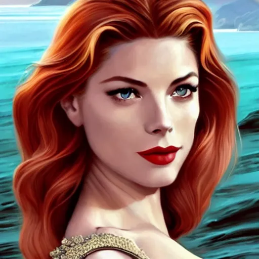 Image similar to A combination of Grace Kelly's and Katheryn Winnick's and Ashley Greene's faces with red hair as a mermaid half submerged on the beach, full body shot, western, fantasy, intricate, elegant, highly detailed, digital painting, artstation, concept art, matte, sharp focus, illustration, art by Artgerm and Greg Rutkowski and Alphonse Mucha