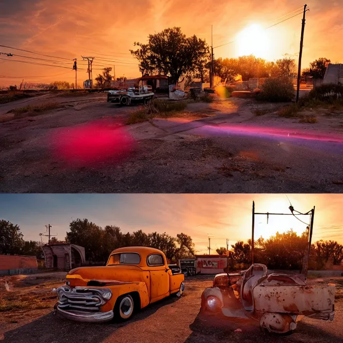 Image similar to a sunset light landscape with historical route 6 6, lots of sparkling details and sun ray ’ s, blinding backlight, smoke, volumetric lighting, colorful, octane, 3 5 mm, abandoned gas station, old rusty pickup - truck, beautiful epic colored reflections, very colorful heavenly, softlight