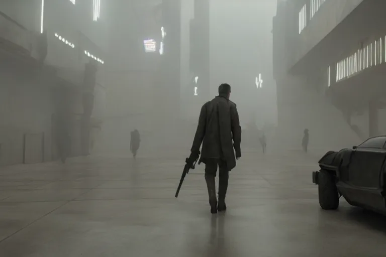 Image similar to blade runner 2049 movie still elegant bank fancy white marble flooring. robbery in progress. cyberpunk man carrying duffle bag holding shotgun. 2017 movie still 35mm wide angle lens