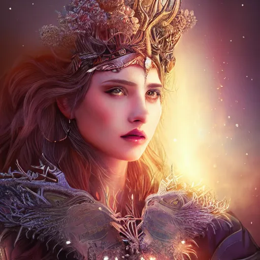 Prompt: highly detailed close up portrait of Artemis, goddess of the hunt and the moon, wearing a crown made of antlers, cinematic lightning, bright colors, intricate, masterpiece, photorealistic, hiperrealistic, sharp focus, high contrast, Artstation HQ, DeviantArt trending, 4k UHD, Unreal Engine 5