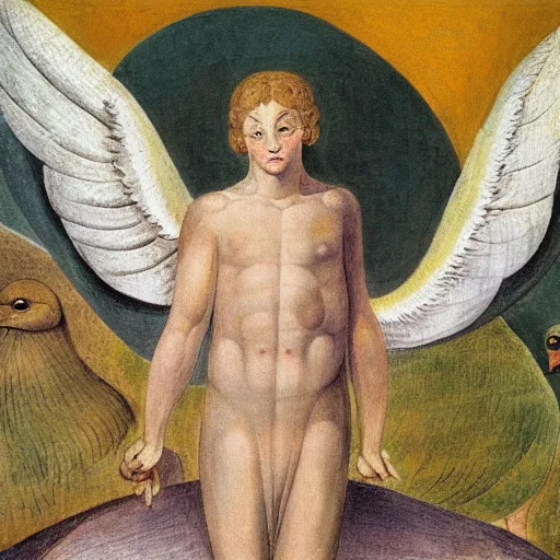 Prompt: biblical angel of ducks, by jean deville, by william blake, oil on canvas