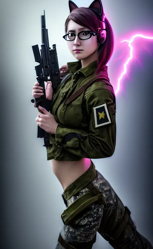 Prompt: highly detailed, high resolution, photograph of a young woman, stunning, volumetric lightning, realistic guns, frontline style, matte, sharp focus, intricate, 1 5 0 mm,, realistic military gear, cat ears, combat glasses