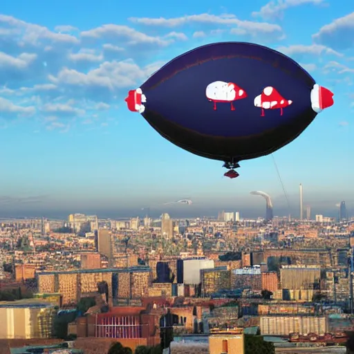 Image similar to blimp. over a city with a picture of a cow