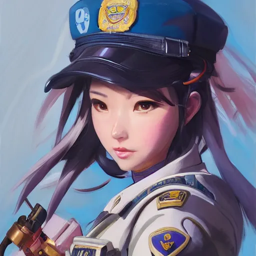 Image similar to Stunning Portrait of D.VA from Overwatch wearing a police uniform by Kim Jung Gi, holding handcuffs in one hand Blizzard Concept Art Studio Ghibli. oil paint. 4k. by brom, Pixiv cute anime girl wearing police gear by Ross Tran, Greg Rutkowski--cfg_scale 12