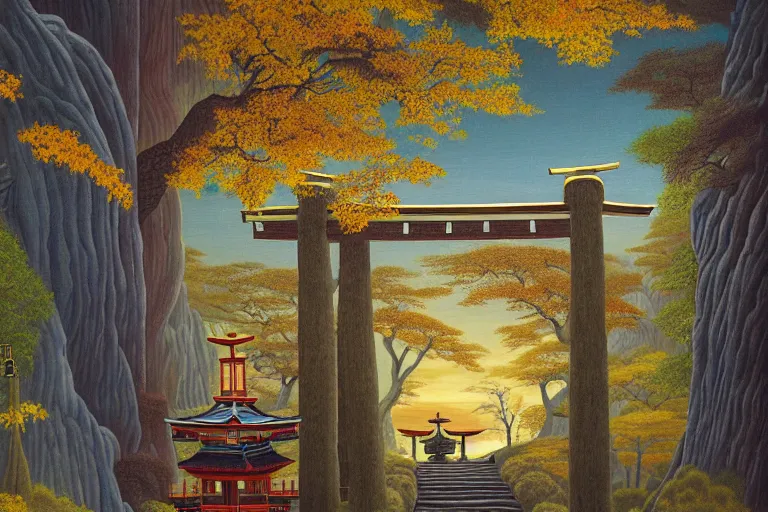 Prompt: a painting in the style of rob gonsalves of a beautiful large shinto shrine with a torii in a natural setting, soft lighting, seasonal weather, hanging upside down in a cave
