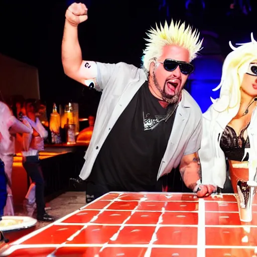 Image similar to a mix of lady gaga and guy fieri playing beer pong on stage