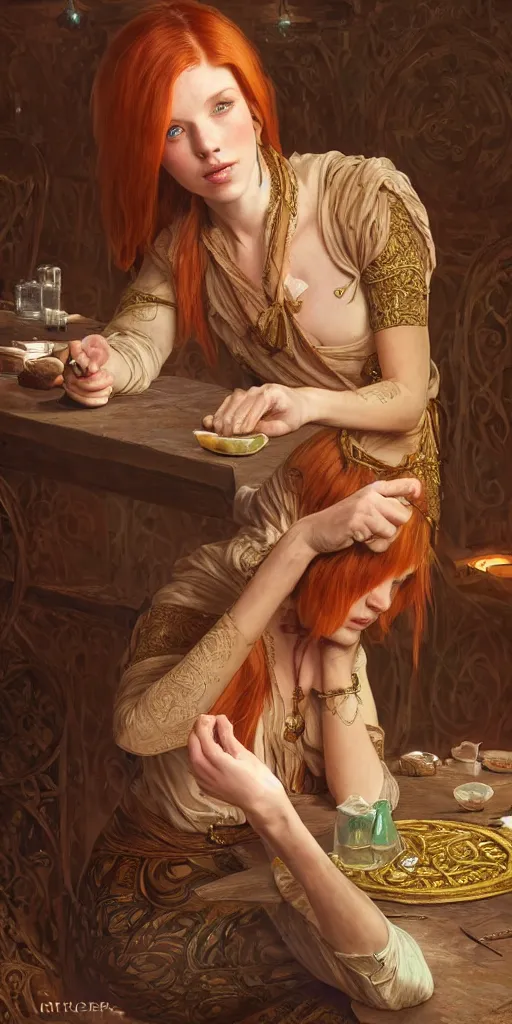 Prompt: ginger girl with problems, sitting and drinking in an ancien tavern and playing with a knife, magic the gathering, ancient, sand, emerald, intricate, highly detailed, digital painting, artstation, concept art, smooth, sharp focus, illustration, Unreal Engine 5, 8K, art by artgerm and greg rutkowski and alphonse mucha