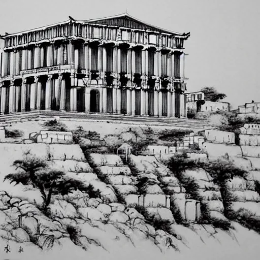 Prompt: Greek acropolis, Chinese ink painting, the style of painter Qi Baishi