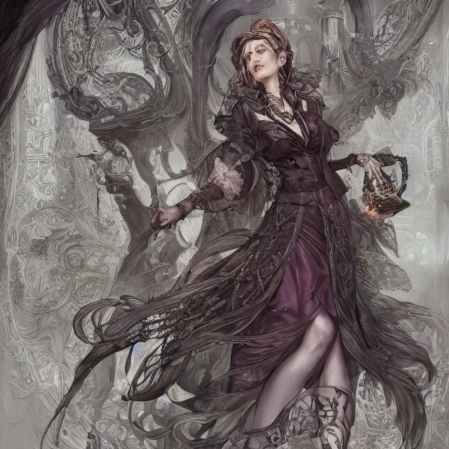 Image similar to the portrait of the lawful evil sorceress lawyer as an absurdly beautiful, graceful, elegant, jaded, woman, an ultrafine hyperdetailed illustration by kim jung gi, irakli nadar, intricate linework, bright colors, octopath traveler, final fantasy, unreal engine 5 highly rendered, global illumination, radiant light, detailed and intricate environment