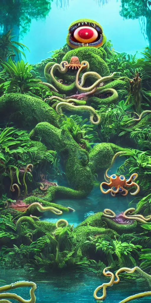 Image similar to of a tropical rainforest lake with strange cute friendly happy creatures with huge eyes, mouth, long tongue, round teeth and tentacles appearing from sandy coral, in the style of gehry and gaudi, macro lens, shallow depth of field, ultra detailed, digital painting, trending artstation, concept art, illustration, cinematic lighting, photorealism, epic, octane render