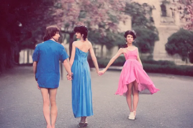 Image similar to film photography, 35mm, 1970s, love and romantic in blue pink colors, feeling of young and freedom