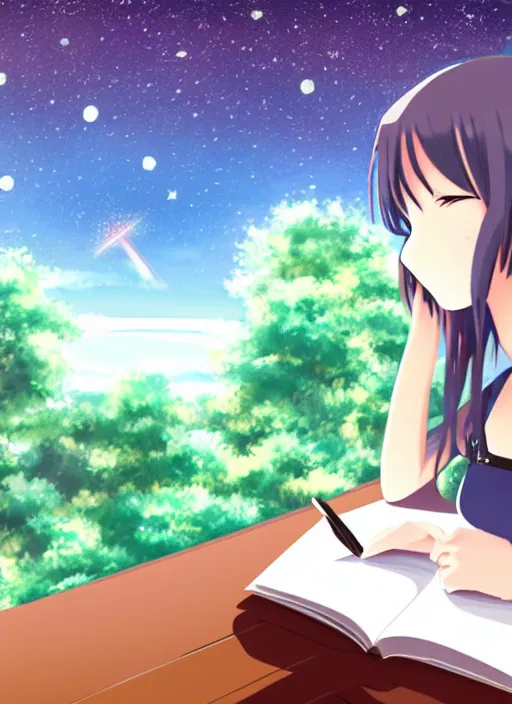 Image similar to lofi anime girl studying with meteor shower outside the window