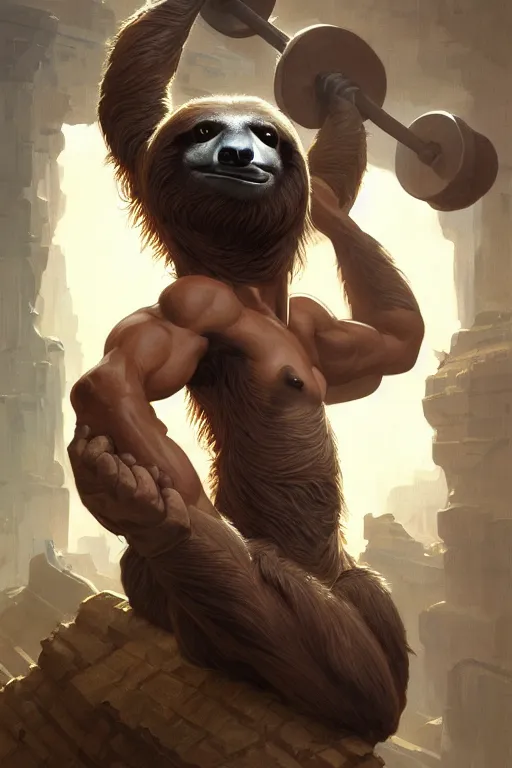 Image similar to anthro sloth lifting weights, dim dingy gym, dynamic pose, fantasy, intricate, elegant, highly detailed, digital painting, artstation, concept art, matte, sharp focus, illustration, art by artgerm and greg rutkowski and alphonse mucha