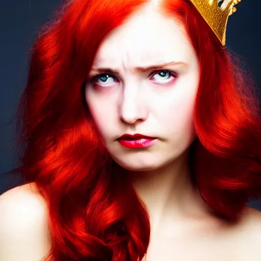 Prompt: face of a sad beautiful lady which has a golden crown on her head and silky red hair