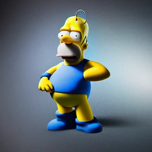 Image similar to A realistic photo of a mixture of Homer Simpson and Smurf on a white background, Octane, hyper-realistic, 8K HDR, 50 mm bokeh, fashion photography.