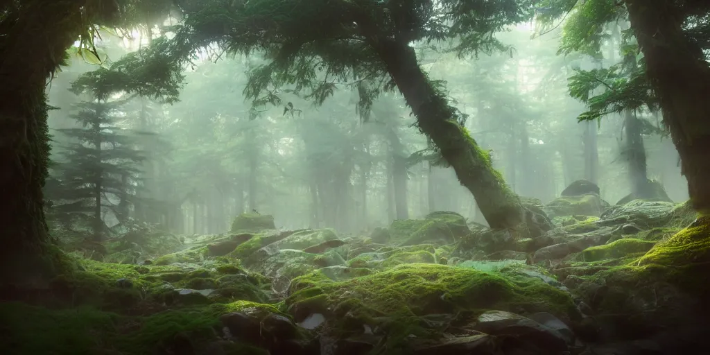 Prompt: a forest, highly detailed oil painting, Studio Ghibli, Jessica Rossier, digital art, octane render, beautiful composition, trending on artstation, masterpiece