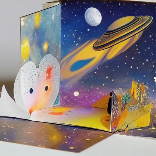 Prompt: Liminal space in outer space, pop-up book!!!