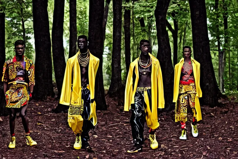Image similar to versace avant garde male toga intricate textiles streetwear cyberpunk african american black skin in the woods overcast late evening dramatic 3 5 mm professional color