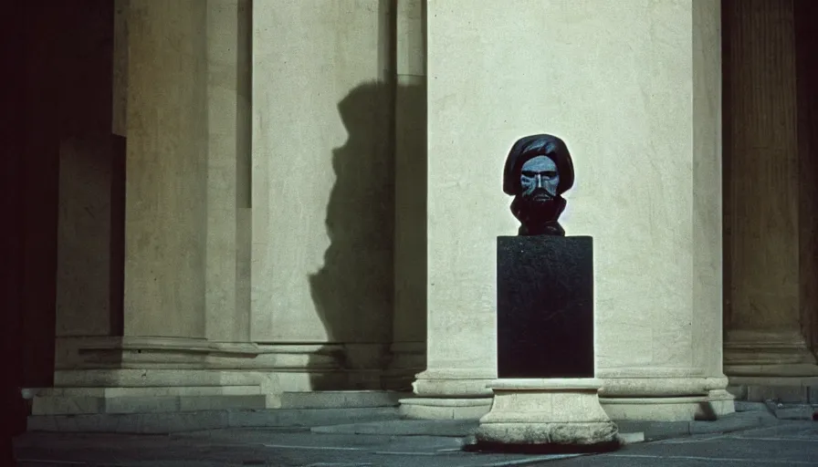 Prompt: 1 9 7 0 s movie still of a headless robespierre, on a great neoclassical square, cinestill 8 0 0 t 3 5 mm, high quality, heavy grain, high detail, cinematic composition, dramatic light, anamorphic, ultra wide lens, hyperrealistic