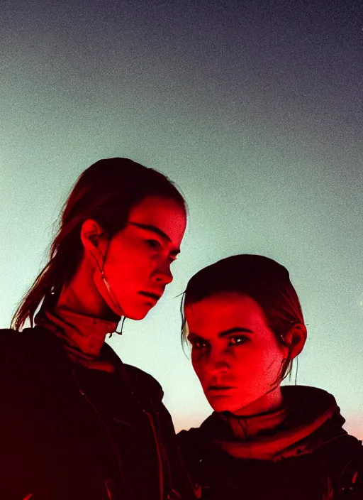 Image similar to cinestill 5 0 d photographic portrait of two loving female androids wearing rugged black techwear on a desolate plain with a red topographic holographic sky, extreme closeup, cyberpunk style, dust storm, 8 k, hd, high resolution, 3 5 mm, f / 3 2, ultra realistic faces, ex machina