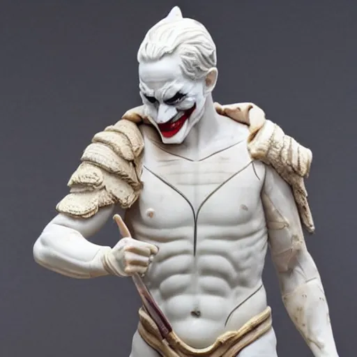 Image similar to white marble statue of the joker wearing ancient roman armor, 8 k, very detailed, very intricate,