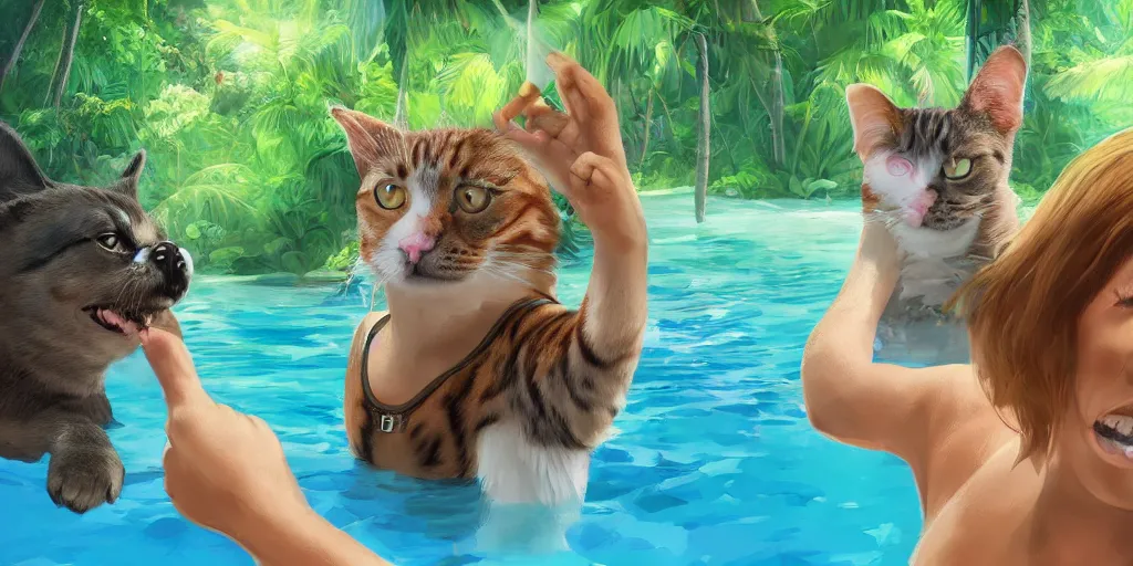 Image similar to cat and dog taking selfie in a swimming pool in the middle of the jungle, highly detailed, digital painting, artstation, concept art