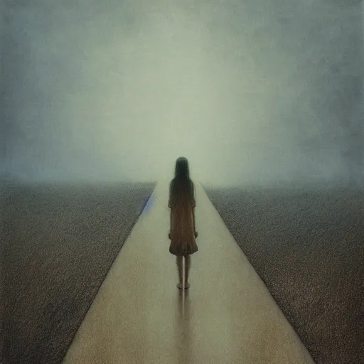 Image similar to lone girl travelling on the road, around her strange landscape by Beksinski